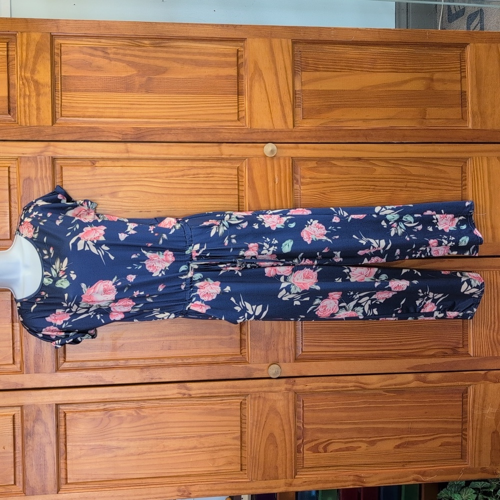Blue Pink Floral Short Sleeve Pant Suit Jumpsuit M